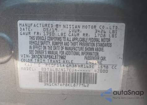 2019 Nissan Versa 1.6 Sv z USA, uszkodzony, nr VIN 3N1CN7AP8KL877962